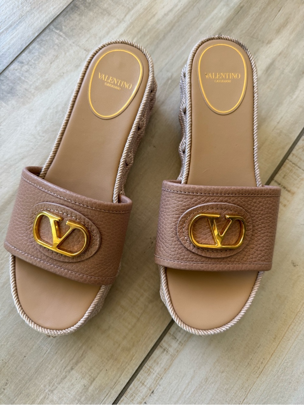 Valentino Garavani Tan Leather Platform Slide Sandals with Gold V Logo